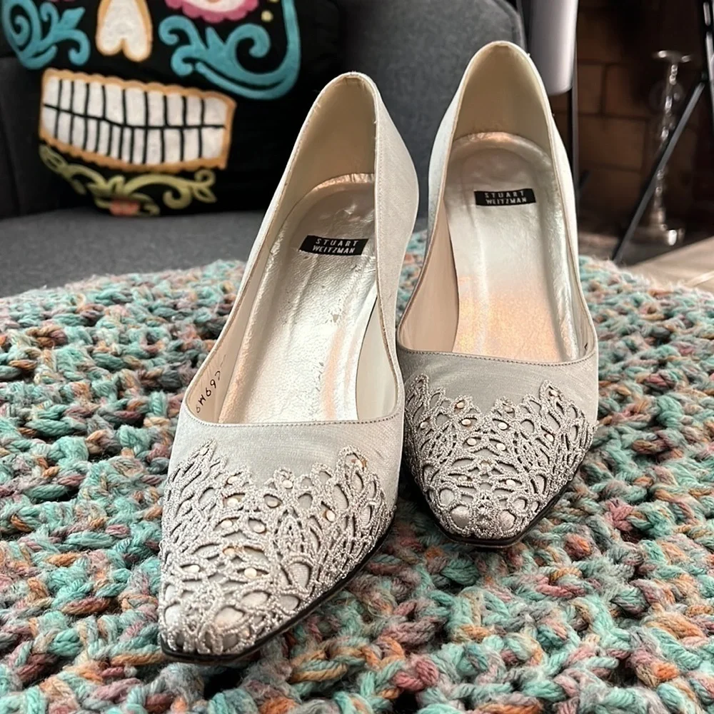 Stuart weitzman size 8 1/2B. Lace and beaded details at toe.  Silver metallic.